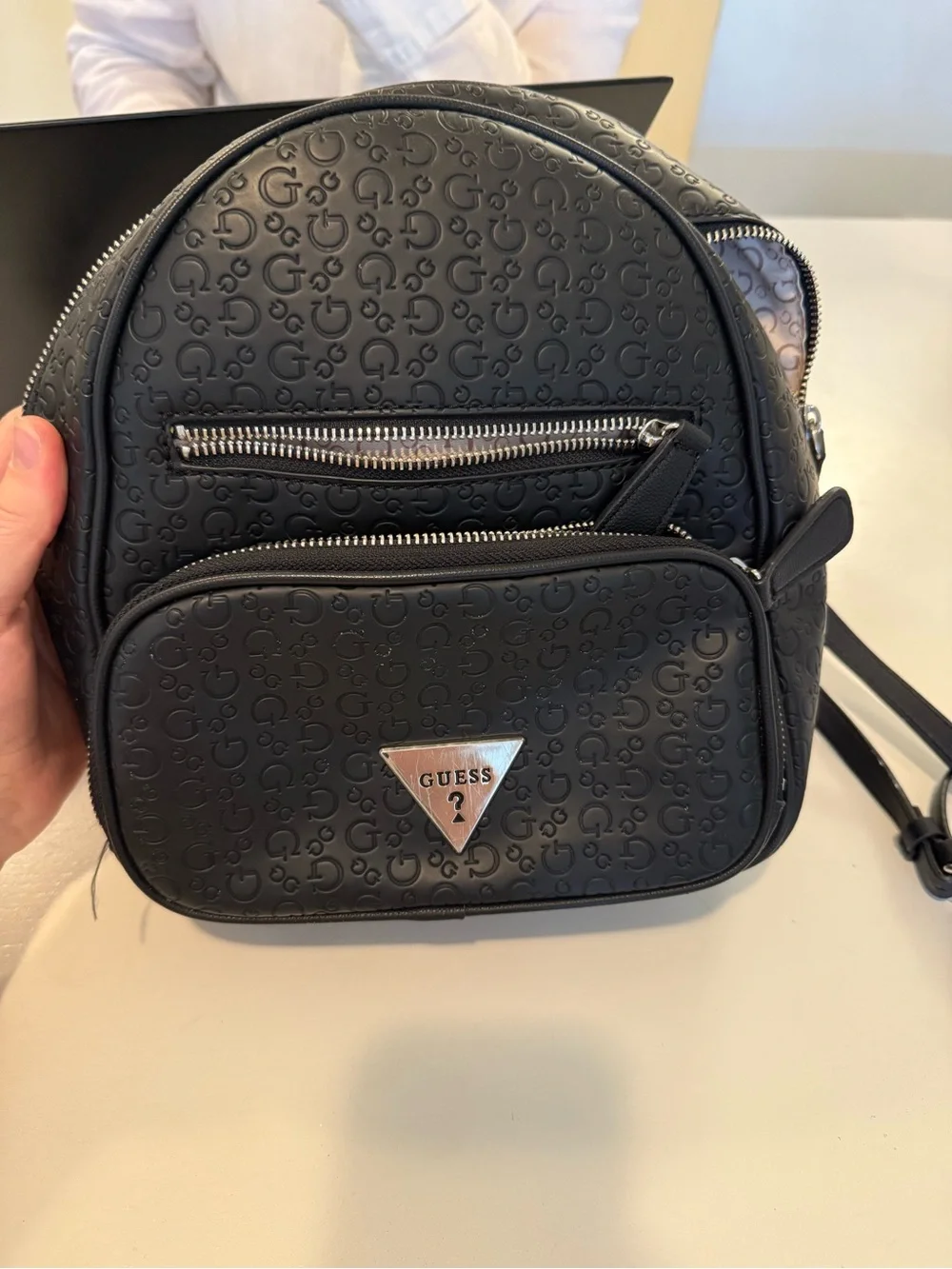 Guess Cream and Light Brown Logo-Print Mini Backpack - Picture 1 of 6